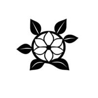 Black and white, minimalist, circular floral , featuring a symmetrical flower within a circle, encircled by six stylized leaves, evoking a sense of balance and organic harmony against a pri vector