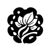 Black and White Floral Stylized symmetrical image with leaves and petals, surrounded by decorative border, minimalist aesthetic, and elegant composition. vector