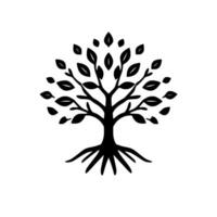 Symbolic Black and White Tree Illustration with Leafy Crown, Roots, and Trunk on a Clean White Backdrop. vector