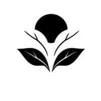 Abstract black and white floral with symmetrical leaves and stylized circle, clean and minimalist. vector