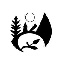 Black and White Stylized Nature Scene Mountains, Trees, and Sprout within a Rounded Composition, Suggesting Harmony. vector