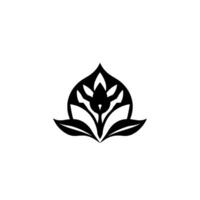 Abstract Black and White Floral Symmetrical, Simplified Flower with Petal and Leaf Elements on White Background. vector