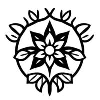 Intricate black and white floral mandala with stylized leaves, petals, and a central flower within a circular frame on a plain white backdrop. vector