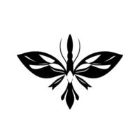 Geometric black and white stylized butterfly illustration with symmetrical wing patterns and abstract body details, minimalist on a white background. vector