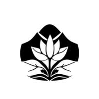 Minimalist Black and White Floral Crest Featuring a Lotus Flower and Foliage, Against a Clean White Background. vector