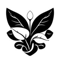 Stylized Black and White Botanical Illustration Depicting Leafy Plant Arrangement with Bud Forming a Symmetrical, Decorative . vector