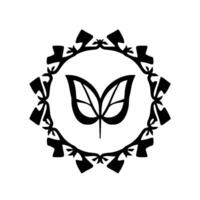 A symmetrical black and white of two stylized leaves inside a circular, ornamental frame, suggesting nature and elegance. vector