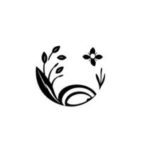 Minimalist Botanical Emblem Black Silhouette of Foliage, Flower, and Swirls Inside a Circle on White Background. vector