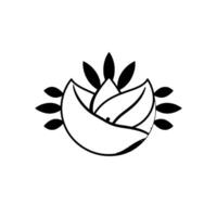 Simplified Black and White Floral Emblem with Symmetric Petals and Leaf Accents on a Clean White Background vector