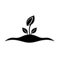 Minimalist Black and White of a Sprouting Plant with Three Leaves Emerging from a Dark Soil Mound, on White. vector