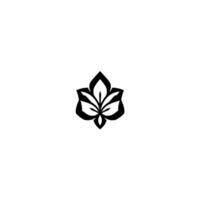 Minimalist black and white symmetrical floral with stylized leaves arranged in a decorative central cluster, isolated. vector