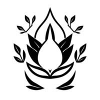 Black and White Minimalist Floral Emblem A symmetrical botanical featuring stylized leaves and a central droplet shape, evoking elegance. vector