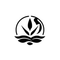 Black and white minimalist emblem featuring stylized botanical elements leaf, waves, curved line enclosed within a circle, on a white background. vector