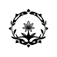 Black and White Decorative Emblem Stylized Floral Enclosed by an Ornamental Wreath and a Masklike Shape vector