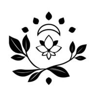 A symmetrical black and white illustration featuring a lotus flower, crescent moon, sunlike elements, and intertwined leafy branches, conveying balance and harmony. vector