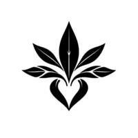 A symmetrical black and white botanical illustration, featuring stylized leaves emanating from a heartshaped base, creating a modern and elegant emblem. vector