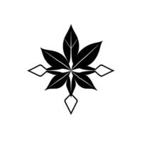 Symmetrical black and white floral featuring stylized leaves radiating from a central point, augmented with diamondshaped accents. vector