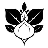 A symmetrical, bold, minimalist botanical illustration featuring leaves and a central dropletshaped element, rendered in stark black and white. vector