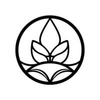 Modern, minimalist botanical emblem in a circle, featuring symmetrical stylized leaves and a clean, , in black and white. vector