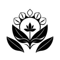 Stylized Black and White Floral Emblem Intricate with Central Bloom and Leafy Structure, Surrounded by Symmetrical Petals, on White vector