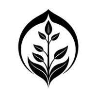 Abstract Black and White Botanical Emblem with a Sprouting Stem and Leaf Arrangement within a Stylized Oval. vector