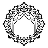 Ornate Black Floral Bordered Archway with Curtains, Geometric Outline, and Symmetrical on a White Background. vector