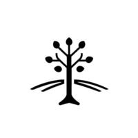 A minimalist black and white depicting a stylized tree with symmetrical branches and stylized fruits against a plain white background, evoking simplicity. vector