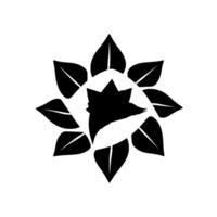 A stylized black and white of a fox head nested within a floral, symmetrical arrangement of leaves, set on a stark white backdrop. vector
