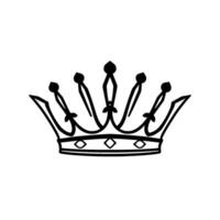 A detailed, stark black line art rendering of a regal crown, featuring ornate spikes and a decorative band, set against a plain white background. vector