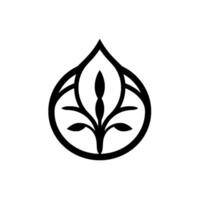 Minimalist Black and White Floral Emblem A symmetrical stylized botanical within a teardrop shape. vector