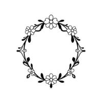 Elegant Black and White Floral Wreath A symmetric botanical illustration of flowers and leaves arranged in a circular frame, perfect for decorative designs. vector