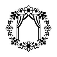 Floral Archway Black and White Wreath with Curtainlike Details, Botanical Frame, and Elegant, Decorative Borders. vector