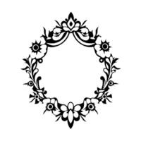 Elegant black and white floral wreath with intricate details, a symmetrical circular composition on a clean white background. vector