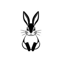 A minimalist black and white illustration of a sitting rabbit with large ears, whiskers, and a symmetrical, stylized on a plain white background. vector
