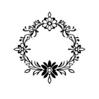 Elegant Circular Floral Wreath in Black and White, Featuring Detailed Flower and Leaf Elements, Decorative for Borders. vector