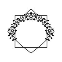 Geometric Floral Frame A symmetrical, black and white illustration of a floral garland arching over a geometric, diamondedged square frame, minimalist . vector