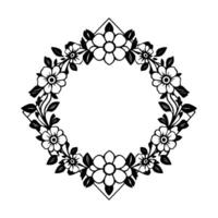 Ornate black and white floral wreath with geometric accents, creating a symmetrical circular frame with a clean, modern aesthetic. vector