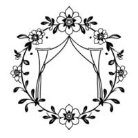 Delicate floral circular frame featuring stylized flower motifs, arched interior lines, and a minimalist monochrome aesthetic. vector