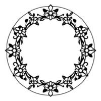 Intricate black and white circular floral frame with stylized flowers and leaves, ideal for decorative borders. vector