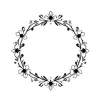Elegant black and white floral wreath , with detailed botanical elements, forming a circular border on a pristine white background. vector