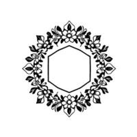 Monochromatic floral wreath encircling a hexagon, perfect for invitations, logos, or decorative frames, with botanical elegance. vector