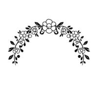 A symmetrical floral arch, composed of stylized flowers and leaves in black ink, creating a delicate and decorative against a white background. vector