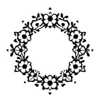 Elegant monochrome floral wreath featuring stylized flowers, leaves, and decorative flourishes, arranged in a symmetrical circular pattern. vector