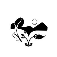 Minimalist black and white nature depicting stylized mountains, sun, leaves, and a coffee bean, evoking serenity. vector