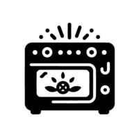 Black and White Oven with Food Inside, Emitting Heat Waves, Dots, and Lines on White Background. vector