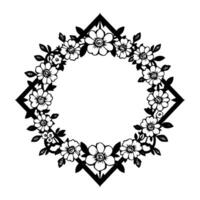 Elegant Black and White Floral Frame Circular featuring stylized blossoms, leaves, and geometric diamond elements, creating a sophisticated border. vector