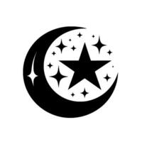 A minimalist, illustration featuring a crescent moon embracing a large star, surrounded by smaller twinkling stars, set against a white background. vector
