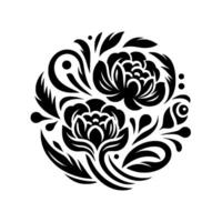 Black and White Floral Mandala Symmetrical of stylized peonylike flowers, leaves, and dots arranged in a circular pattern, conveying elegance and simplicity. vector