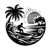 Silhouette of a surfer riding a wave, encompassed by a circular composition with palm trees, sun, and stylized ocean details, creating a tropical vibe. vector