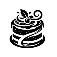 Bold Black and White Illustration of a Layered Cake with Ornate Frosting, a Cherry, and Leaf Decoration on a White Background vector